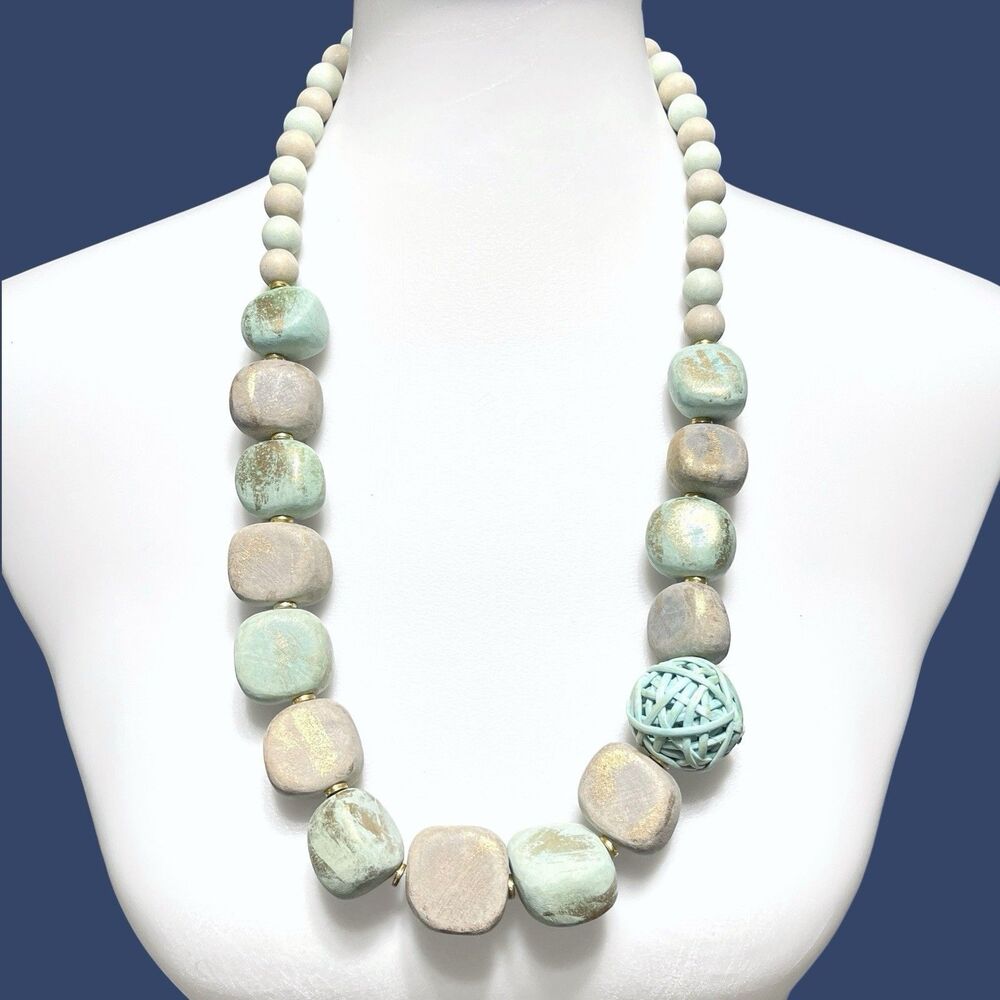 Vintage Chunky Wood Beaded Necklace Blue Green Beige Metallic Adjustable Pastel